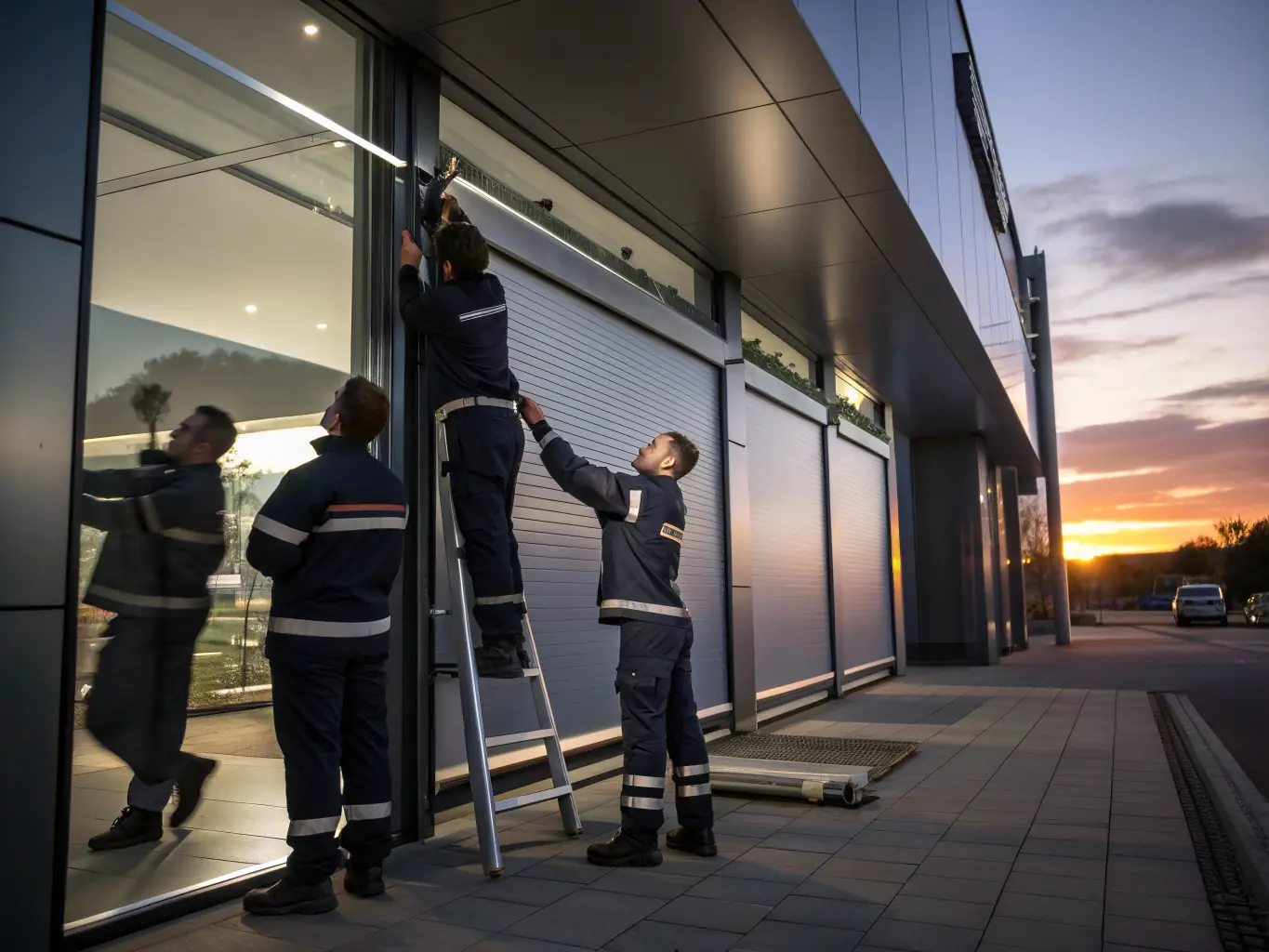 A team of experienced Roll Right Solutions technicians working on a roller shutter installation at a commercial property.