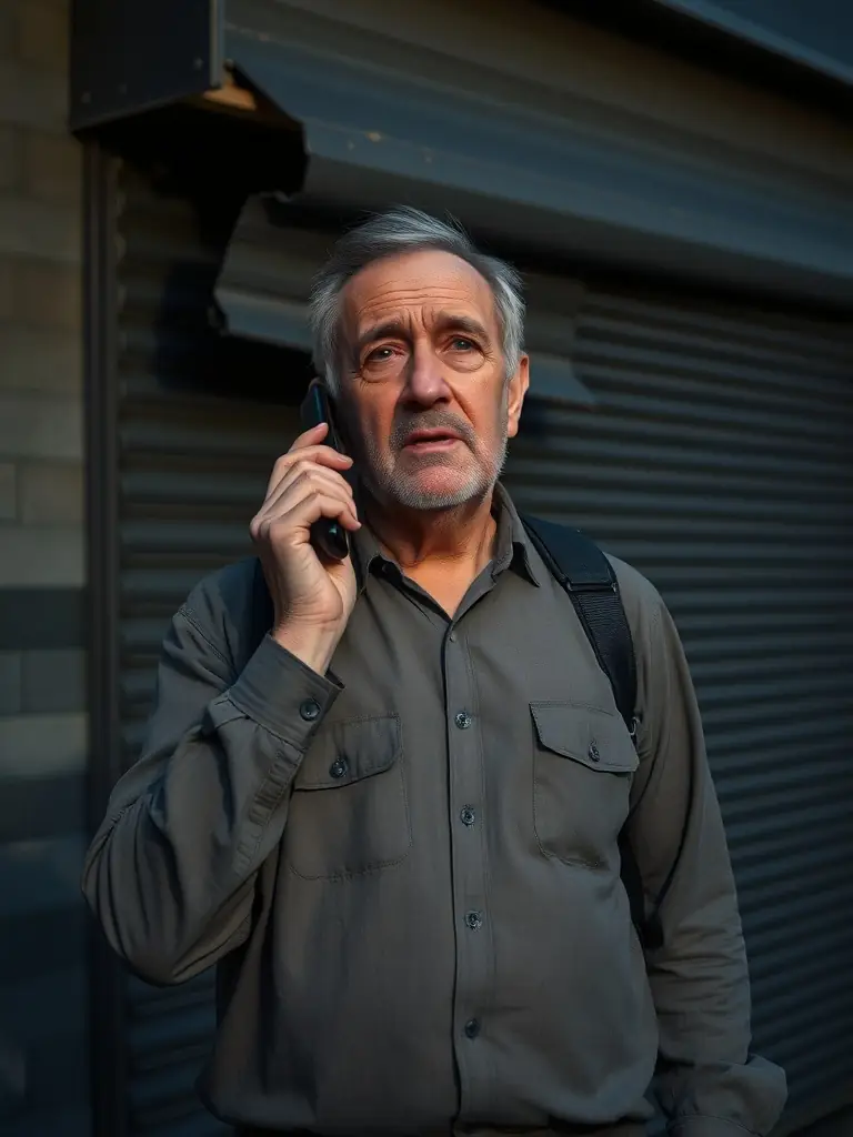 A person calling Roll Right Solutions on a mobile phone, distressed, with a damaged roller shutter visible in the background. The scene should convey urgency and the need for immediate assistance.