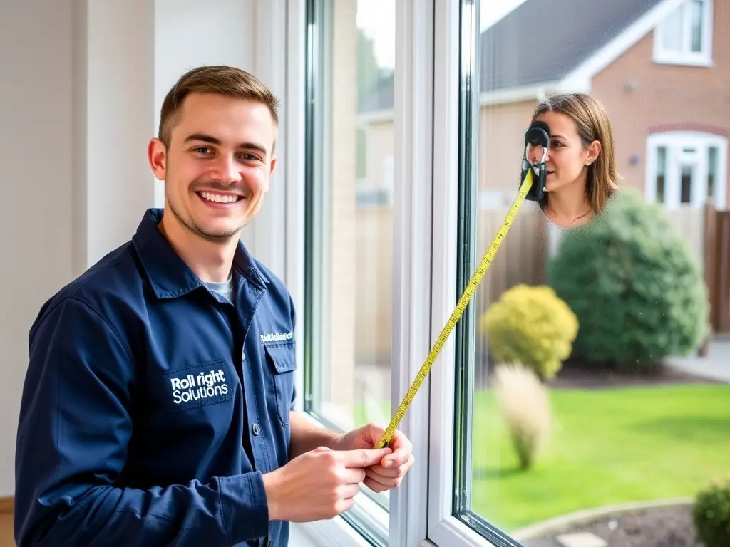 A friendly Roll Right Solutions technician conducting a free survey at a customer's home, smiling and holding a measuring tape near a window.