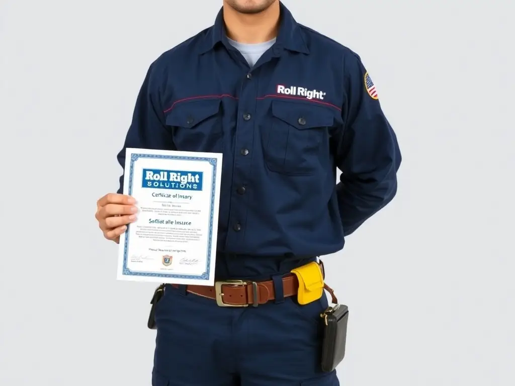 An image depicting a certificate of insurance and a technician in a Roll Right Solutions uniform, emphasizing the company's commitment to safety and professionalism.