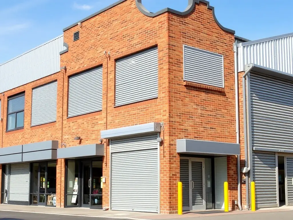An image showcasing a variety of roller shutters installed on commercial properties, such as storefronts and warehouses, highlighting the versatility of Roll Right Solutions' services.