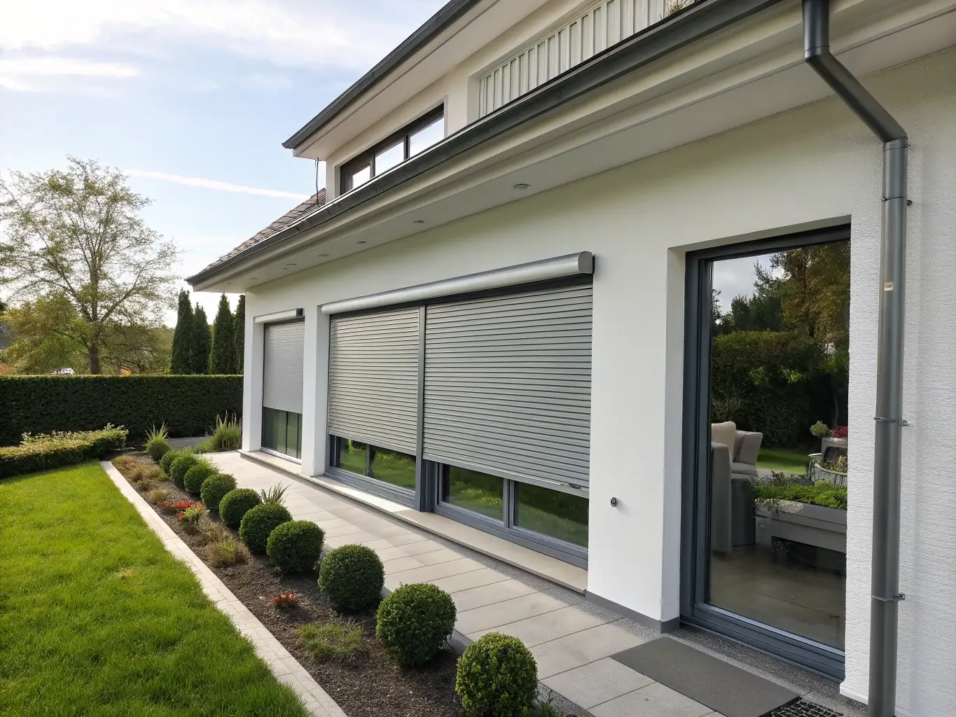 A modern home exterior with sleek, residential roller shutters partially lowered, providing privacy and security. The shutters blend seamlessly with the home's design.