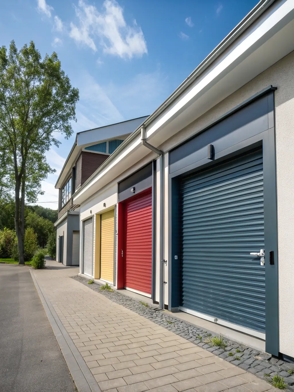 A high-quality image of a variety of garage door styles and materials offered by Roll Right Solutions, showcasing their wide selection and expertise.
