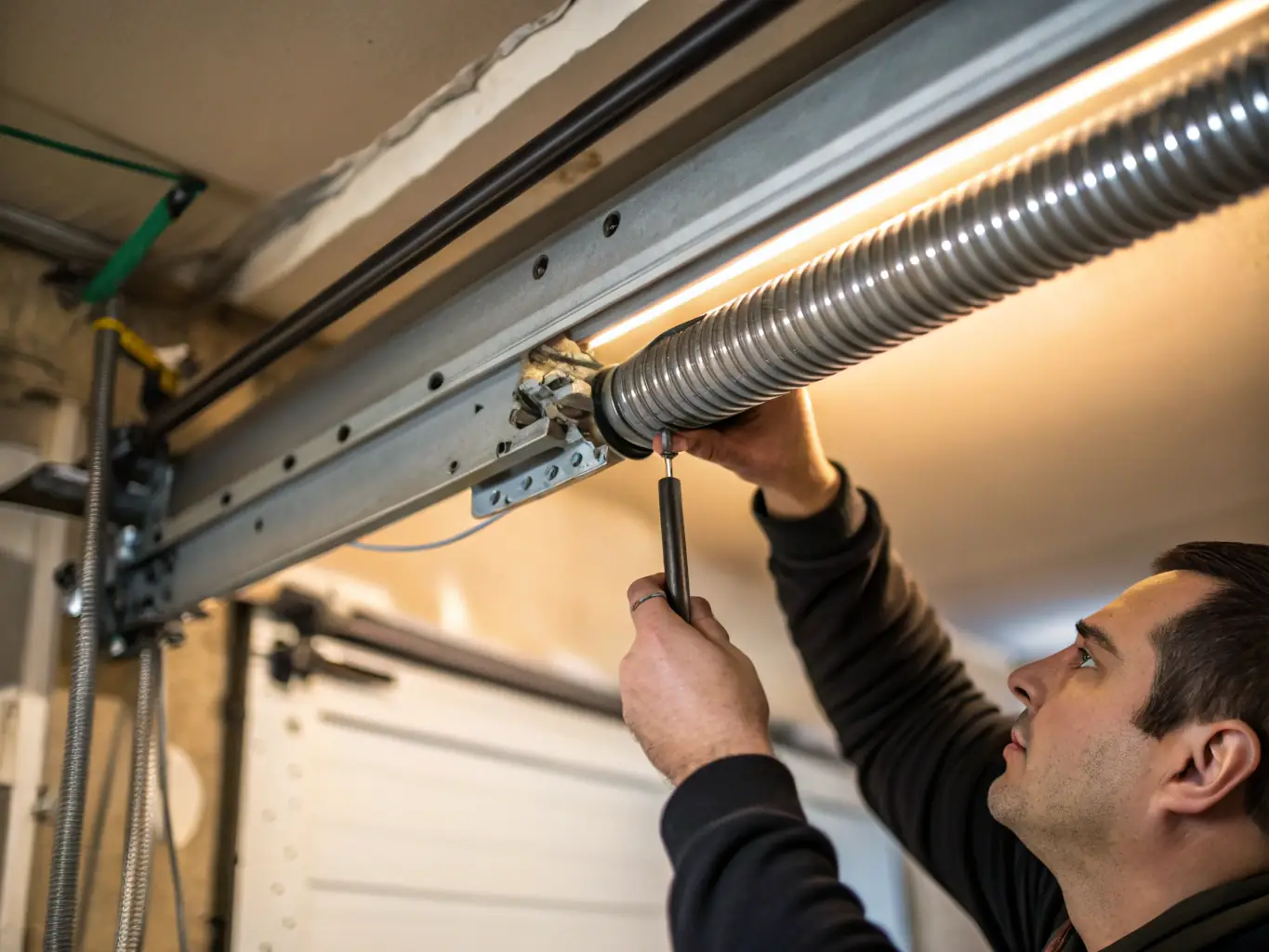 A close-up shot of a heavily rusted and broken garage door spring, emphasizing the wear and tear. The image should convey the need for professional repair services.