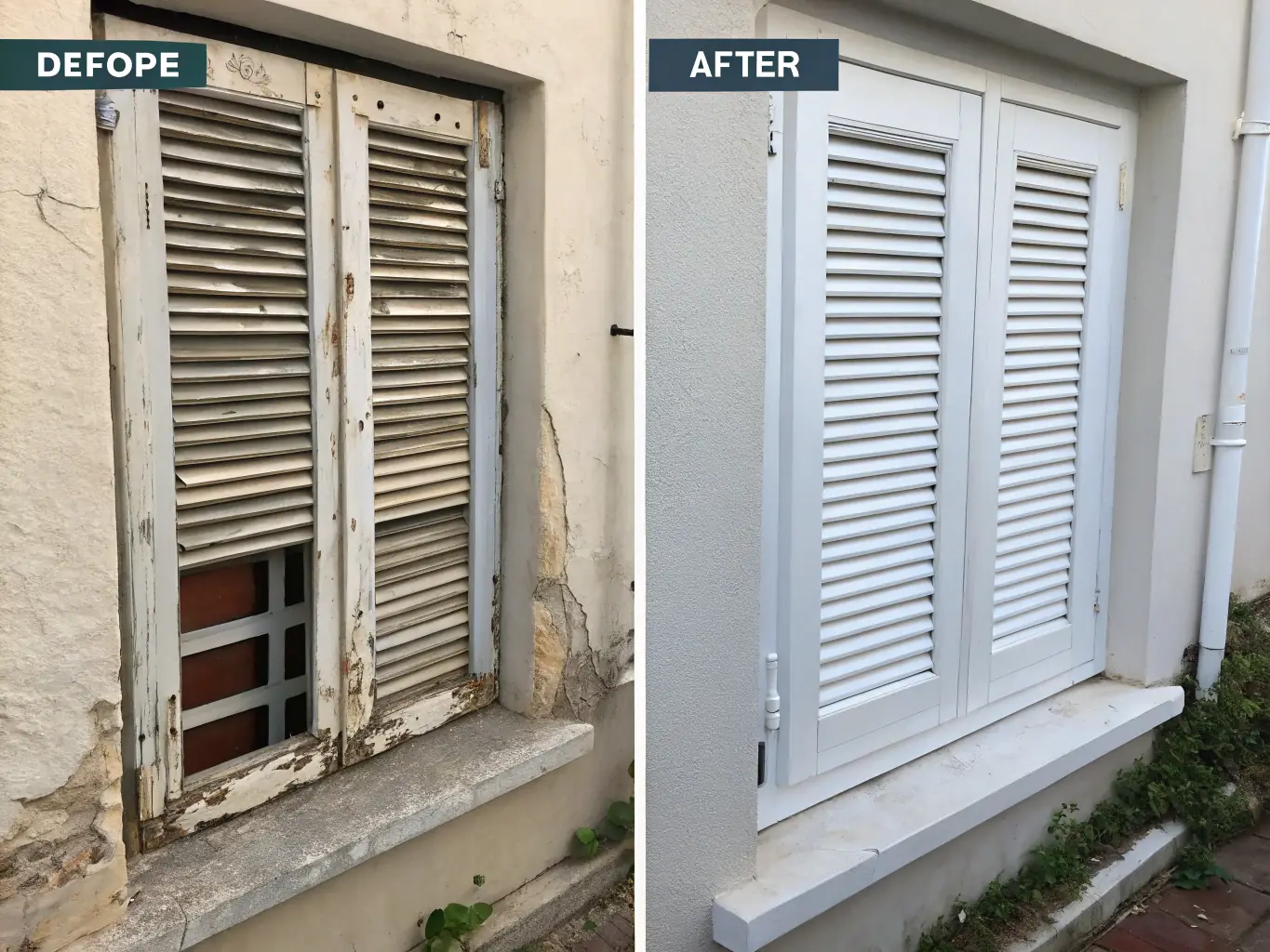 An image showcasing a before-and-after comparison of a damaged roller shutter and the same shutter after being expertly repaired by Roll Right Solutions, demonstrating their commitment to quality.