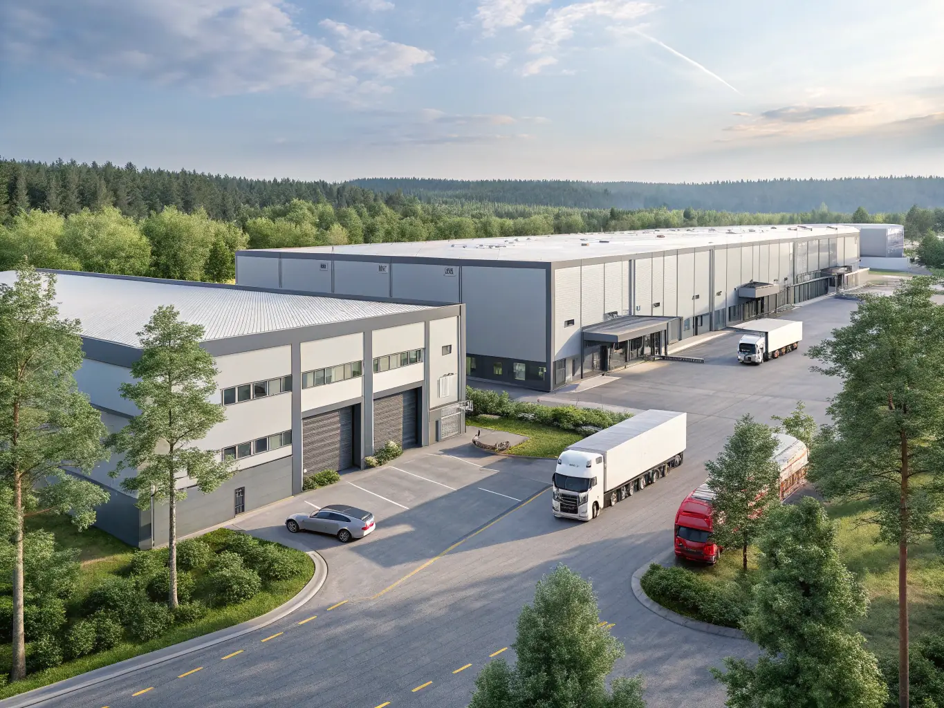 A large industrial warehouse with heavy-duty roller shutters fully closed, demonstrating strength and protection. The setting is a busy industrial park.