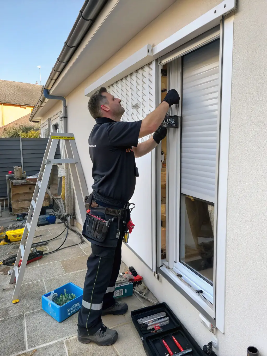 A Roll Right Solutions technician expertly repairing a damaged roller shutter on a commercial storefront in Swansea. The focus is on the technician's skill and efficiency.
