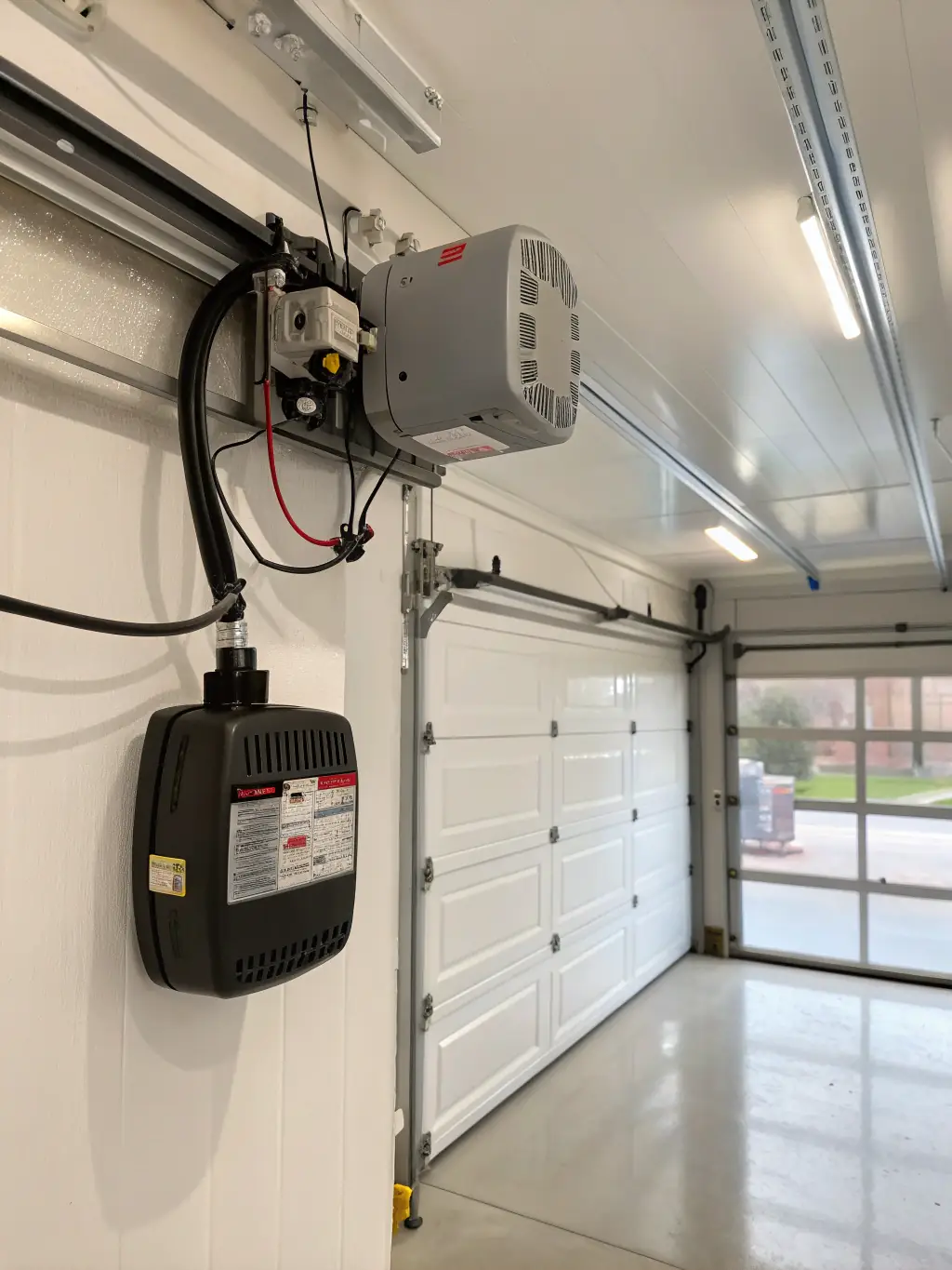 A close-up shot of a roller garage door mechanism, highlighting its compact design and smooth rolling action, installed in a typical Swansea home garage.