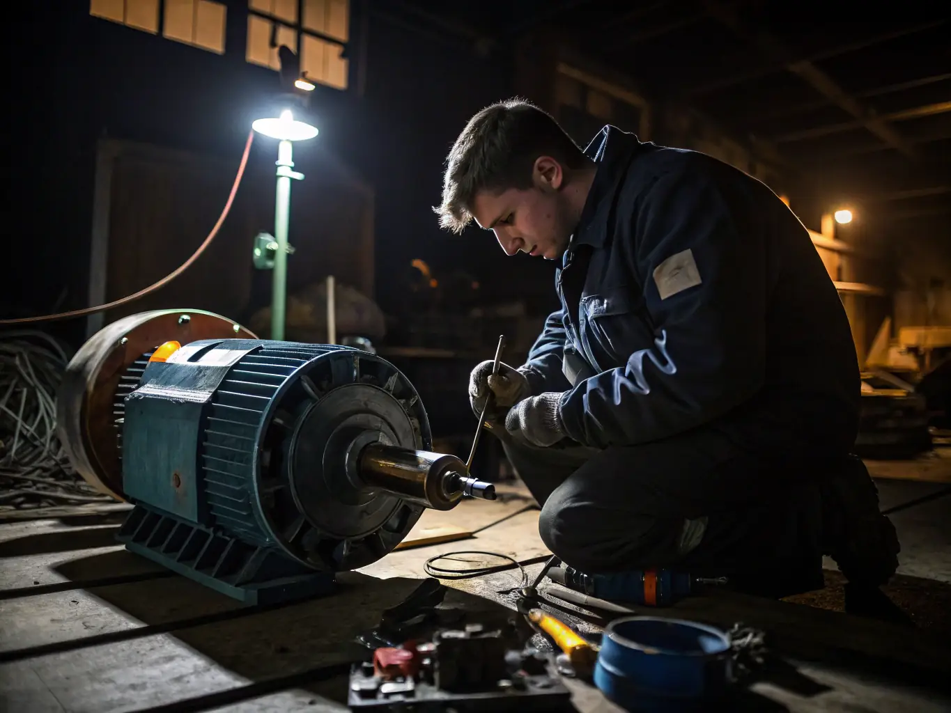 An image depicting a faulty shutter motor being inspected by a technician, highlighting the complexity of electrical repairs.