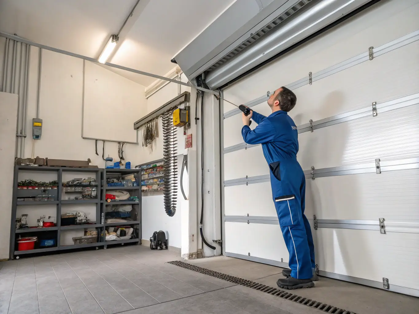 A garage door that is visibly off its tracks, with the rollers detached and the door hanging unevenly. The image should illustrate the potential safety hazards of an off-track door.