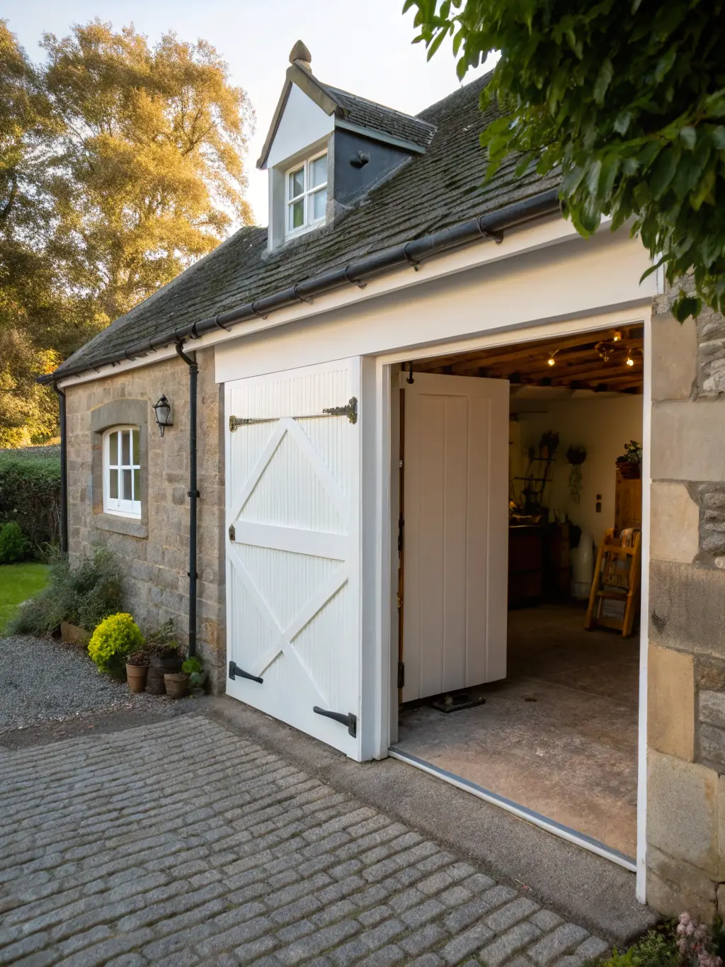 A clear photograph of a manually operated garage door, demonstrating its simple mechanism and ease of use, in a traditional Swansea garage setting.