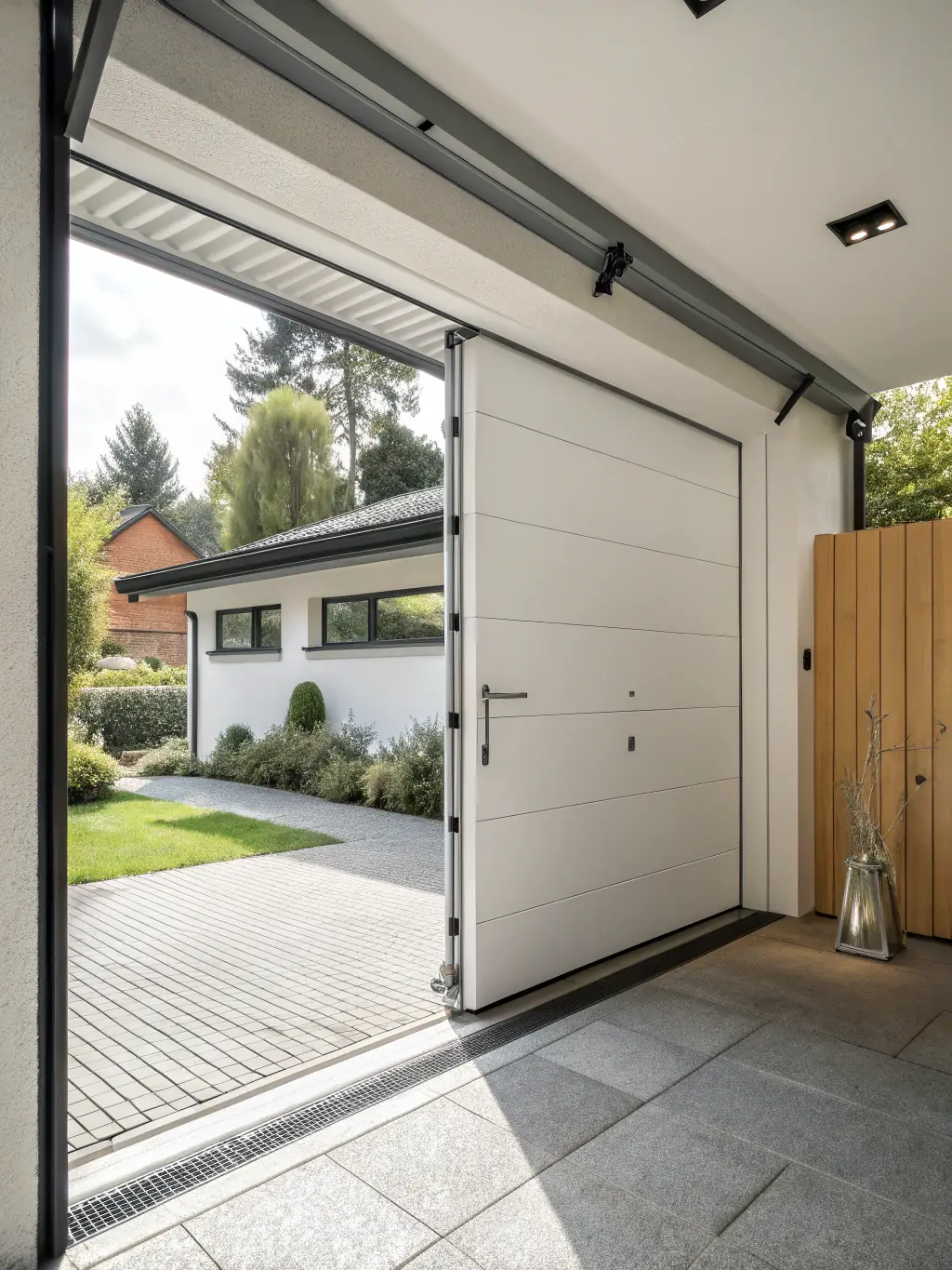 A high-resolution, professionally lit photograph of a modern sectional garage door in a residential setting in Swansea, showcasing its sleek design and smooth panel movement.